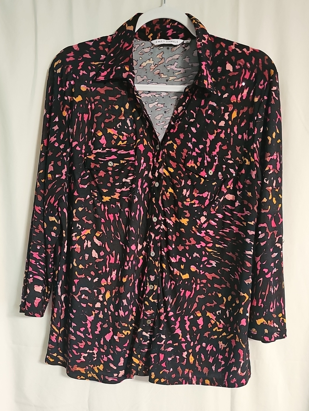 Emily Daniels Black Button-Down Shirt with Pink & Orange Print